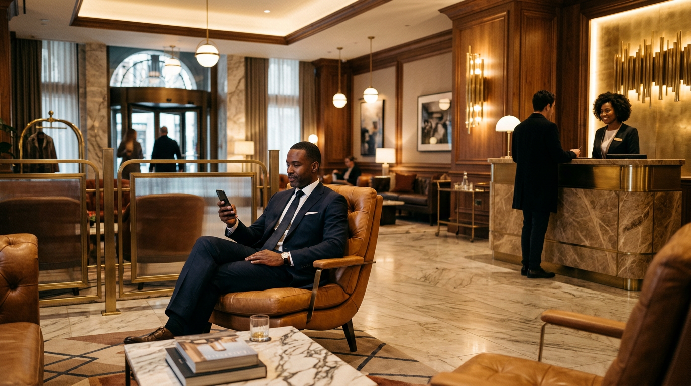 Hotel lobby with guests using their phones